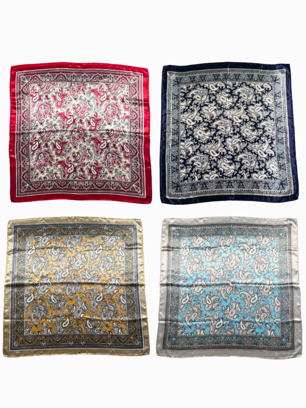 Set of 4 Satin Paisley Square Scarves Head Scarf Hair Wrap Bandana 24x24